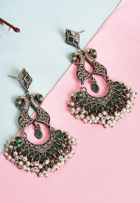 Green Stone Oxidised Earrings 20g